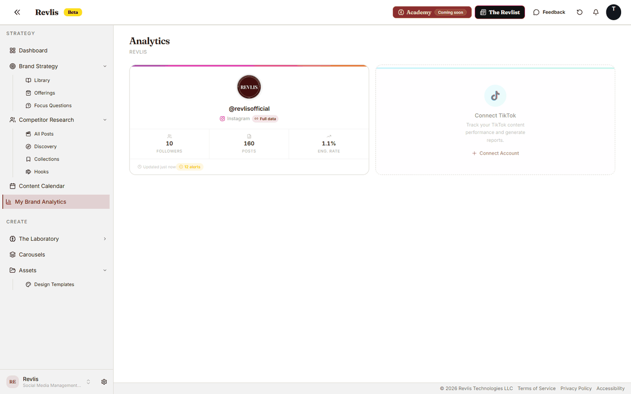 Analytics home showing an Instagram analytics account card, TikTok connection card, account metrics, alerts, and View Analytics action.