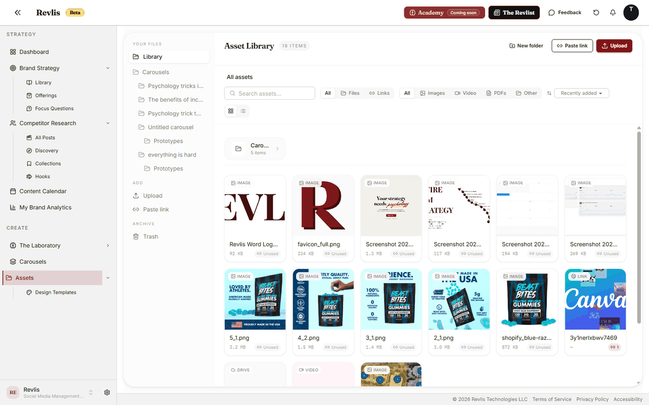 Assets library showing folders, image assets, video assets, pasted links, grid view, list view, and type filters.