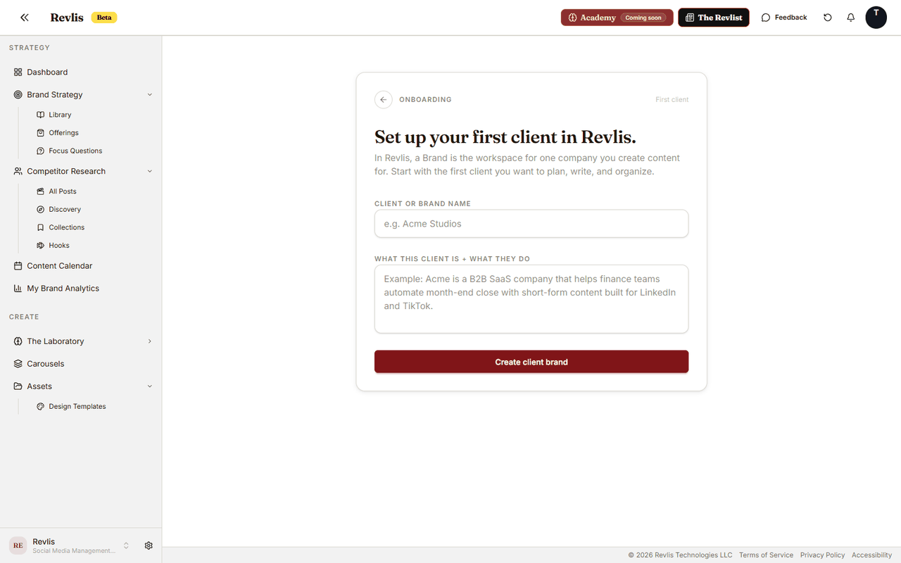 Revlis brand creation form with fields for brand name, brand description, and suggested niche.