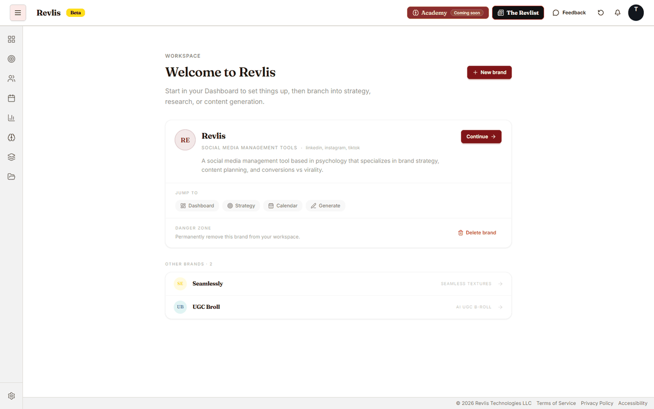 Revlis brand management workspace showing several brand cards and a New brand button.