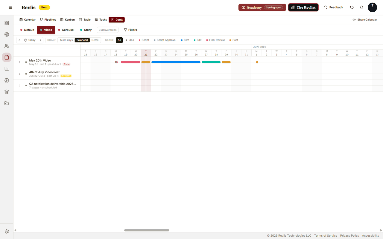 Calendar Gantt view showing deliverables across a timeline with colored stage bars and approval timing.