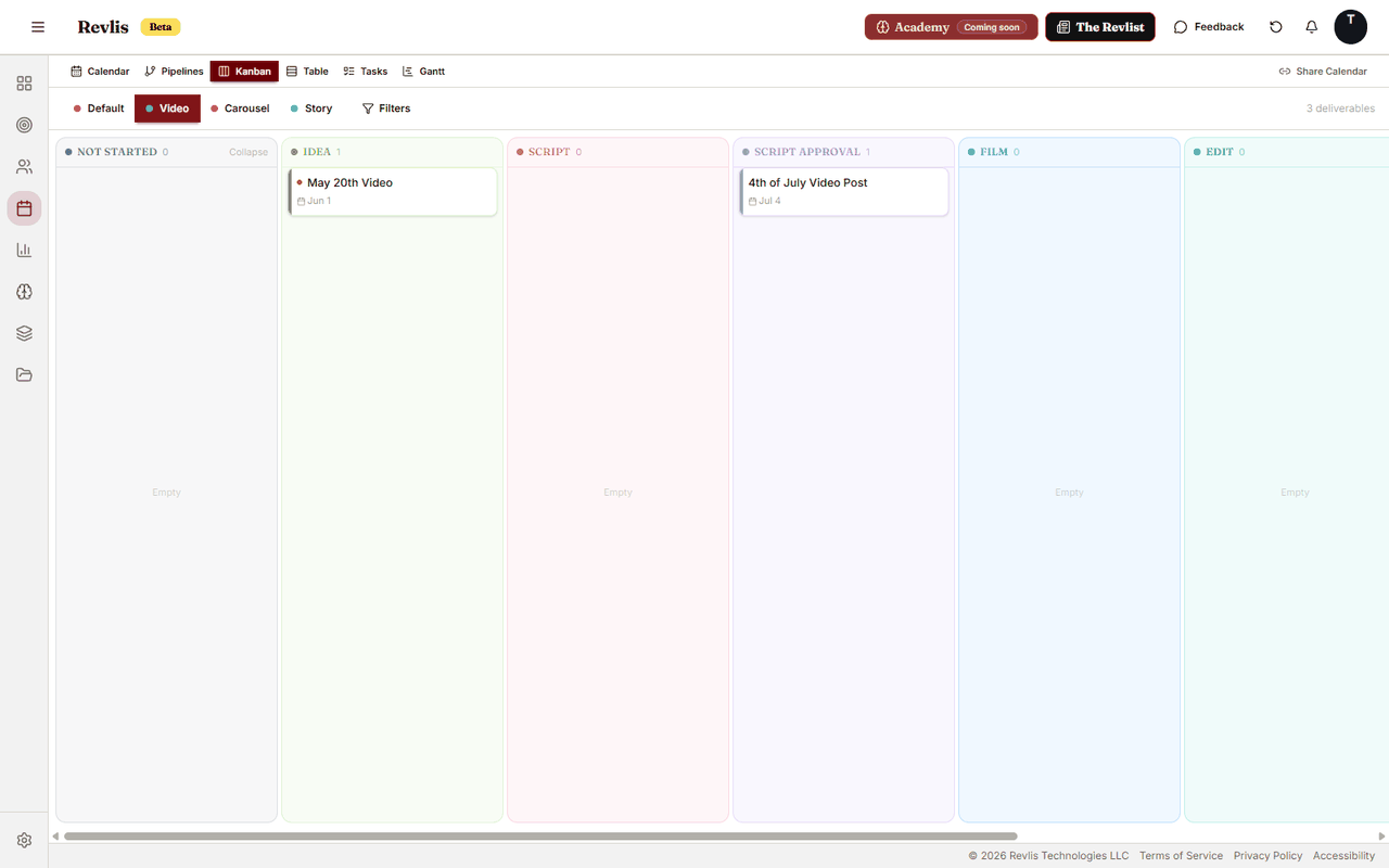 Calendar Kanban view showing deliverables grouped by production stage, including Idea and Script Approval columns.