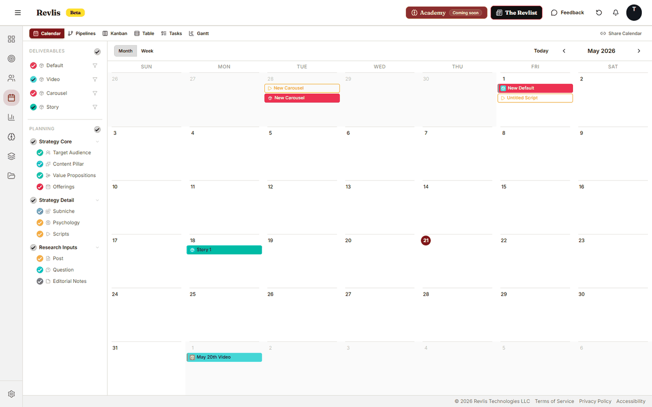 Revlis Calendar month view showing scheduled deliverables with pipeline filters, content status, and calendar navigation.