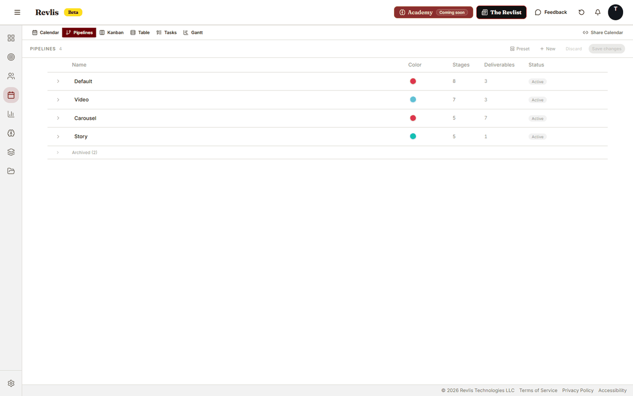 Calendar Pipelines view showing content pipelines with color, stage count, deliverable count, and active status.