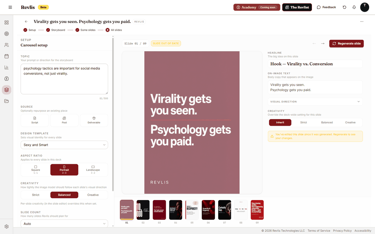 Carousel workspace showing topic, source, design template, aspect ratio, slide count, creativity, slide editor, generated slide image, and storyboard thumbnails.
