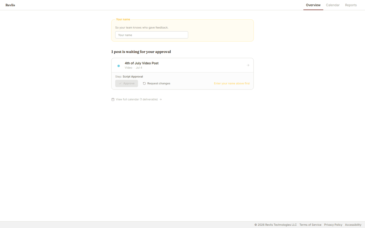 Client review portal showing one deliverable waiting for Script Approval, the client name field, and approve or request changes actions.