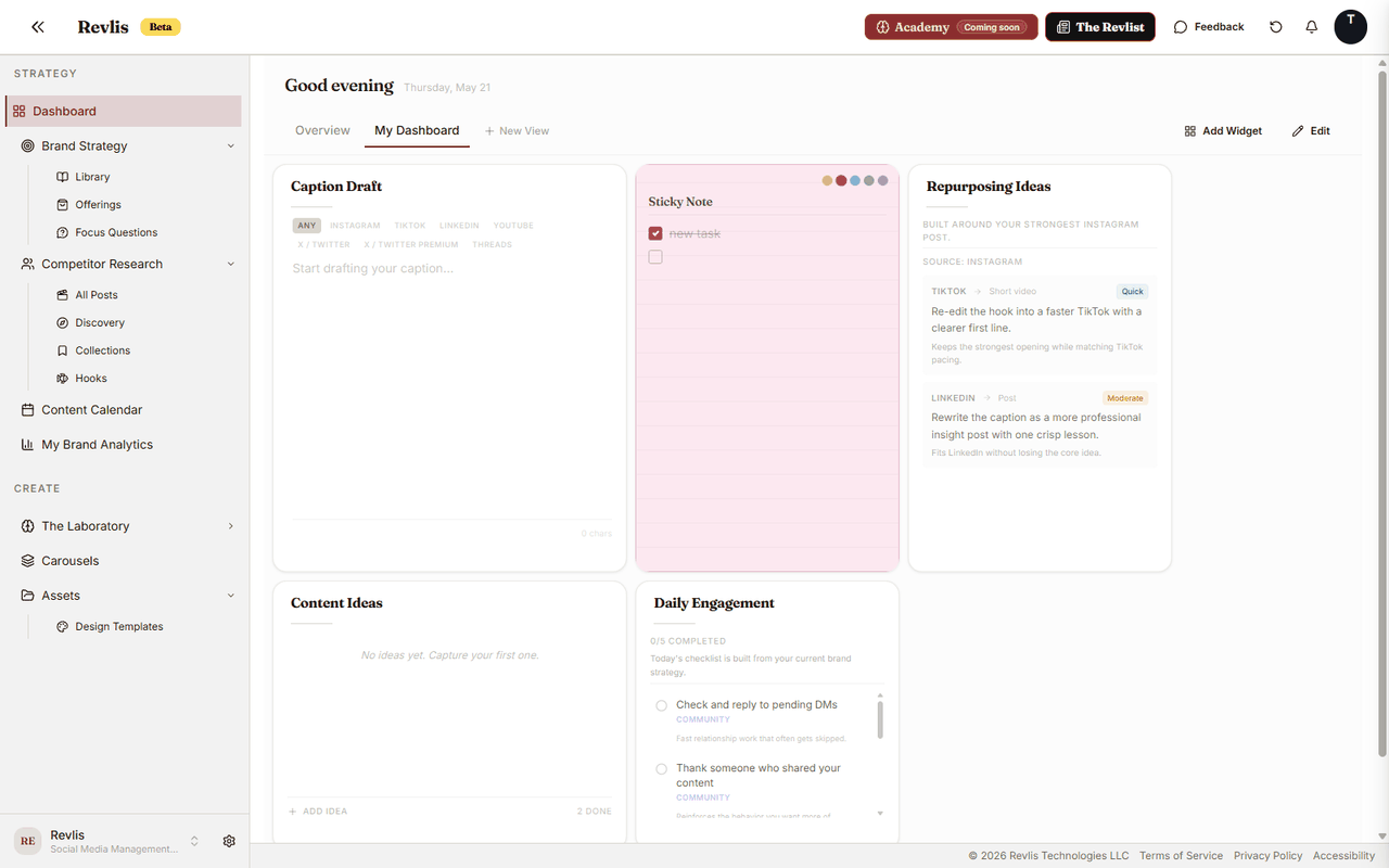 Revlis Dashboard Overview showing strategy notes, content ideas, caption drafting, repurposing ideas, and checklist widgets in a movable grid.