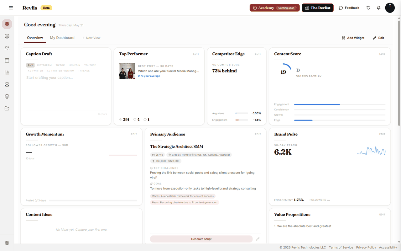 Revlis Dashboard Overview tab showing a cross-section of brand, audience, performance, competitor, and workflow widgets.