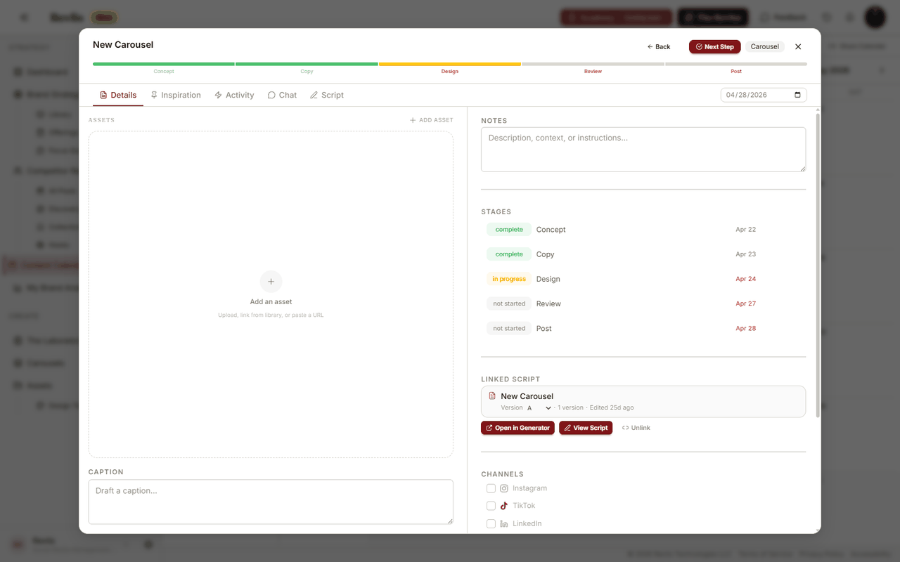 Deliverable Workspace showing details, assets, notes, pipeline stages, channels, and linked script controls.
