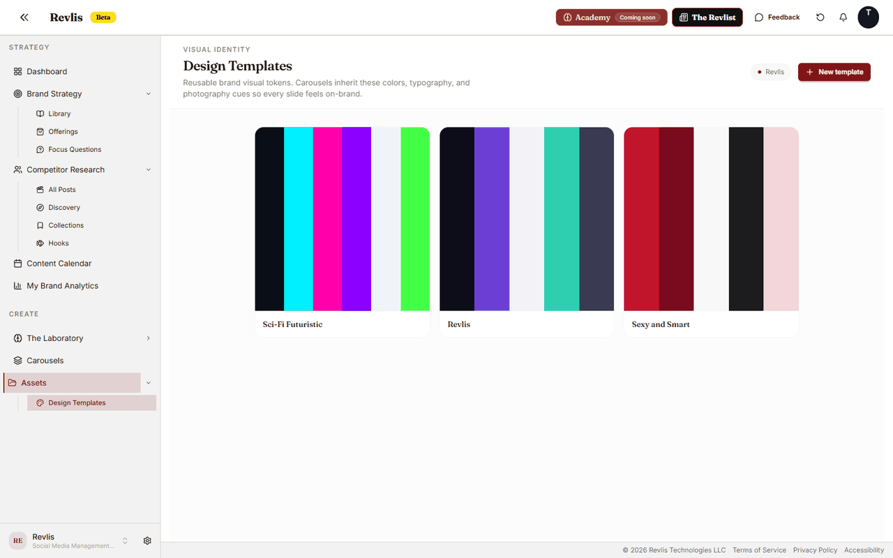 Carousel Design Templates showing template cards, default template status, visual style previews, and template actions.