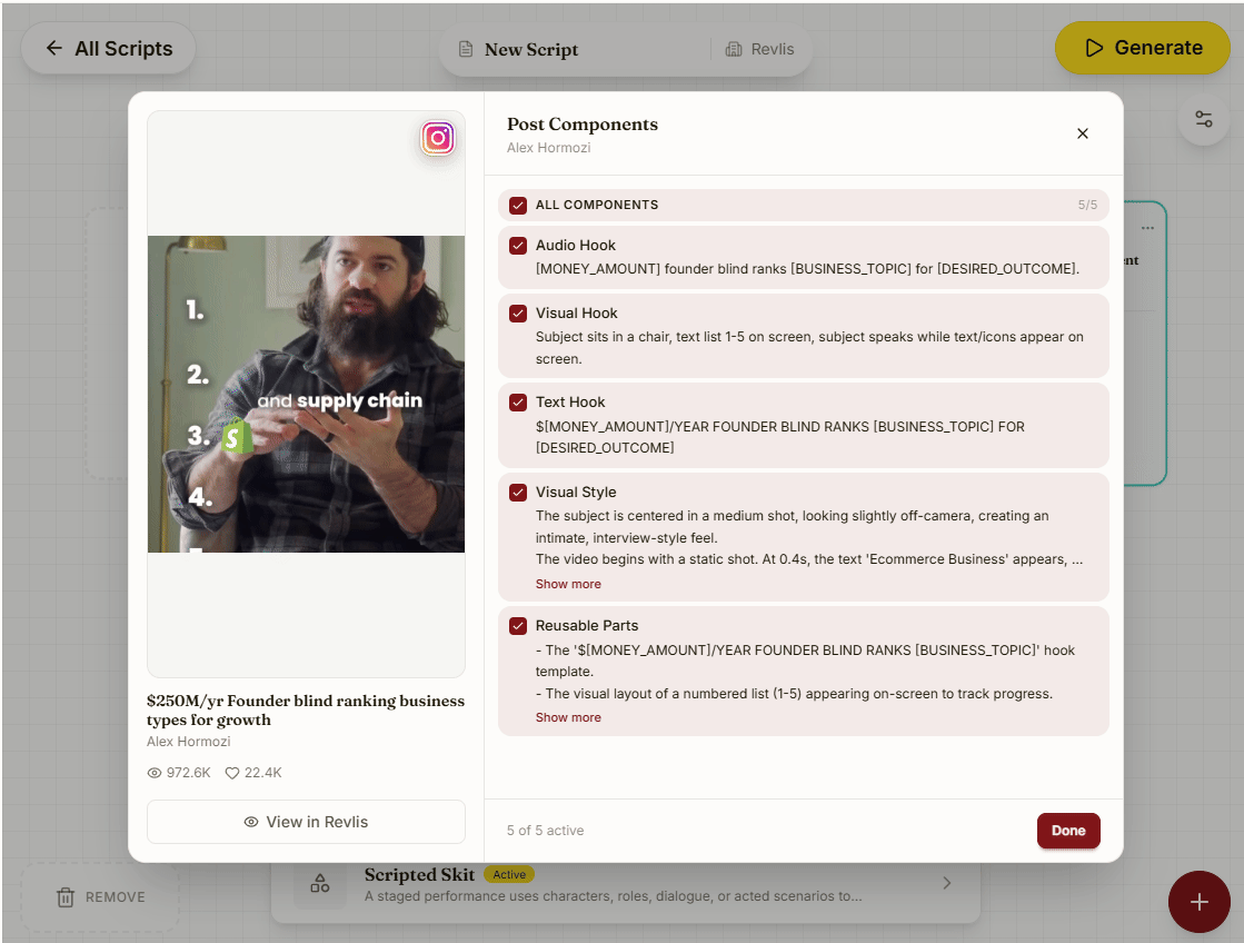 Post Components panel on the Laboratory canvas showing Audio Hook, Visual Hook, Text Hook, Visual Style, and Reusable Parts toggles, each with its extracted pattern, and a five of five active count.