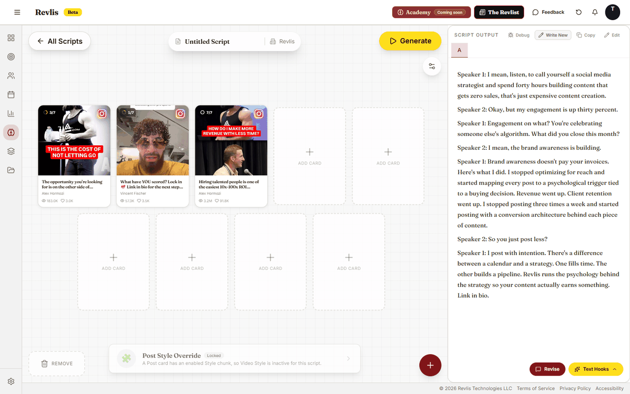Revlis Generate workspace showing selected context cards, script settings, and an editable script output for a social post.
