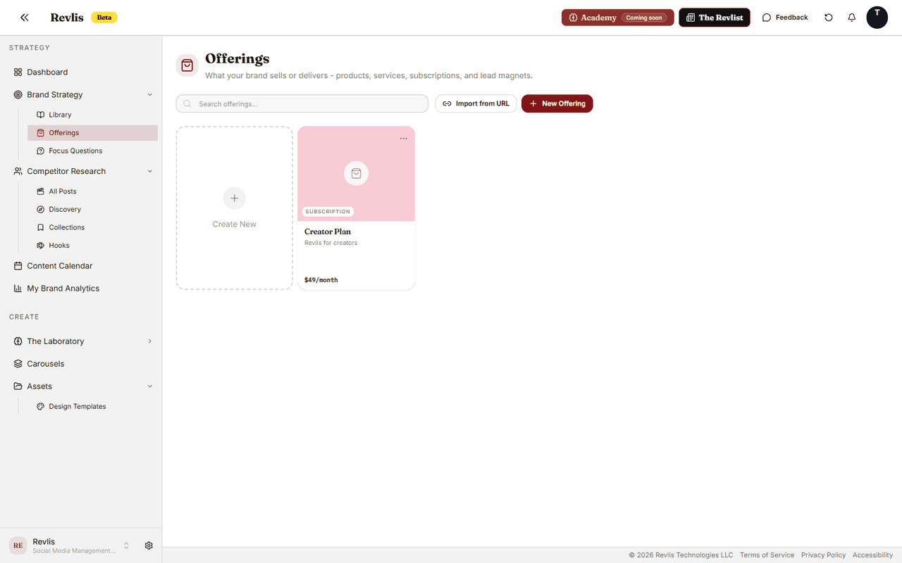 Offerings page showing offering cards, search, Import from URL, and New Offering controls.