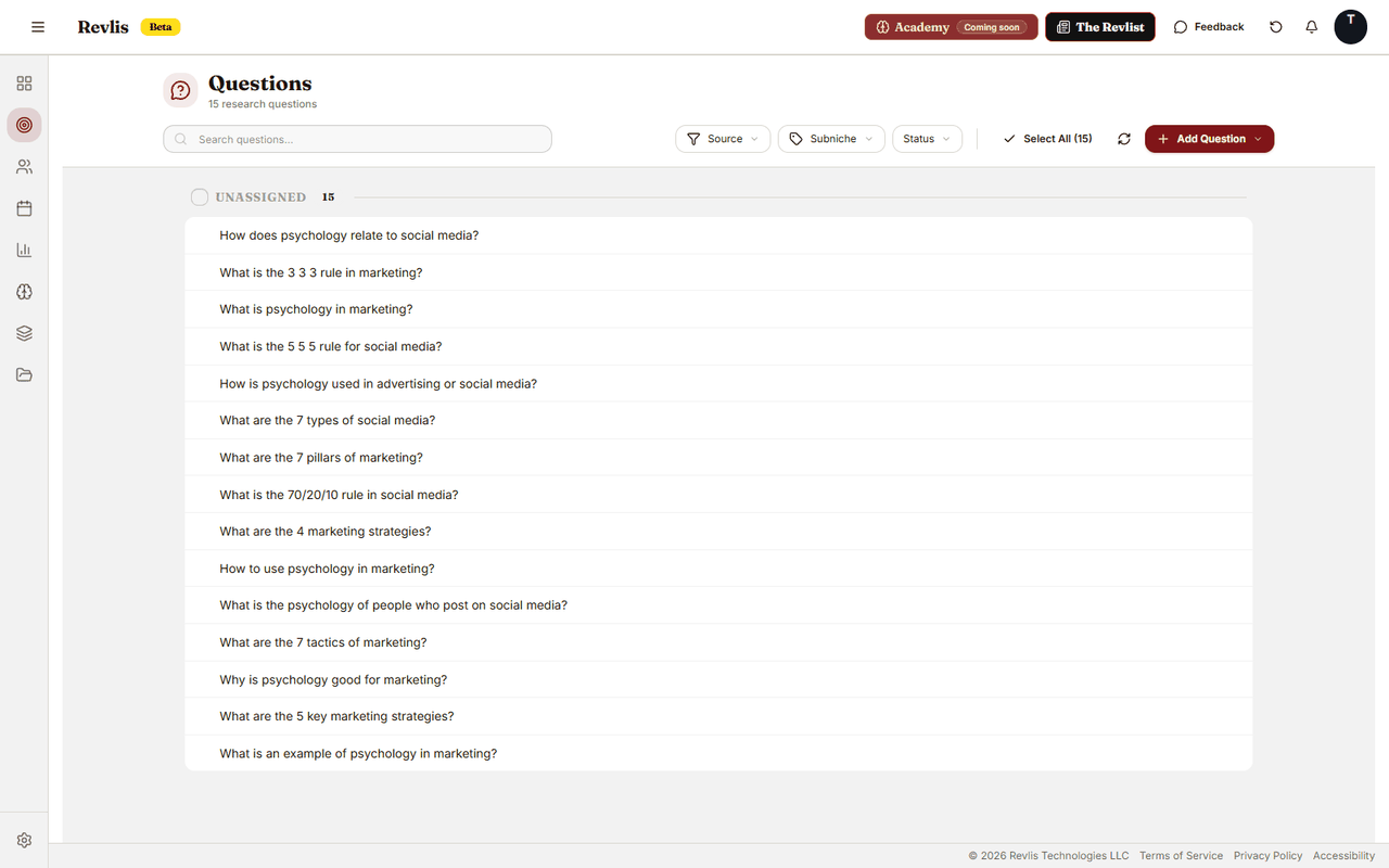 Questions page showing search, source filter, subniche filter, status filter, Add Question controls, and a list of saved audience questions.