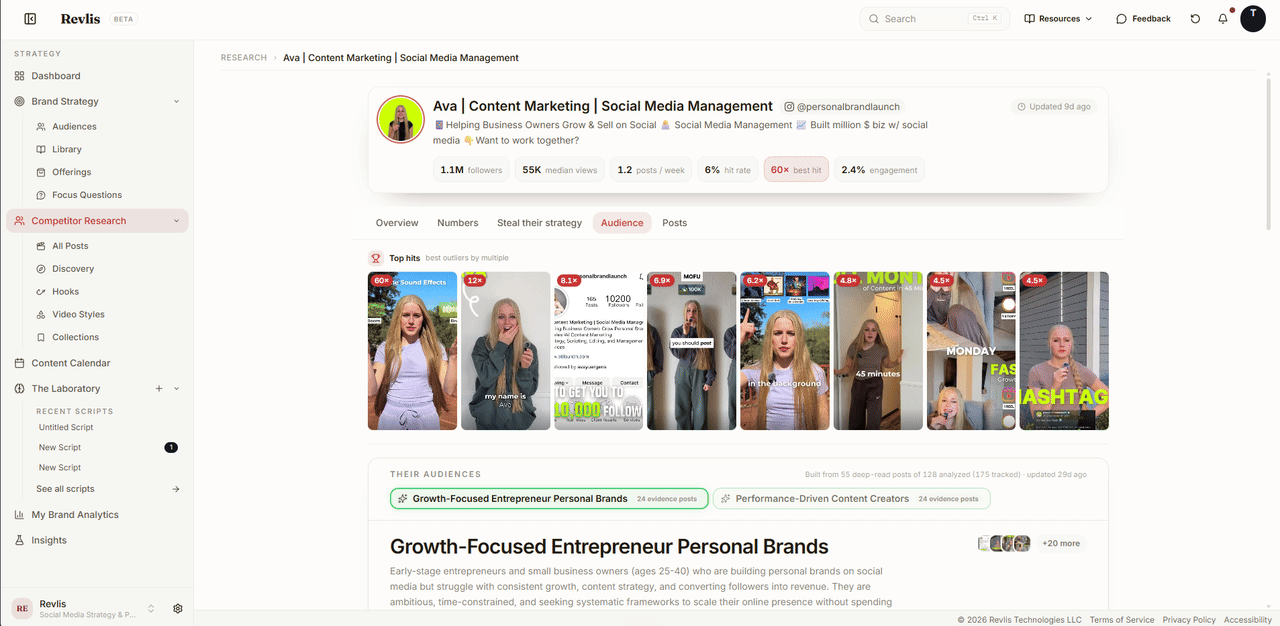 Research Creator Detail showing follower count, median views, hit rate and engagement, the Overview, Numbers, Steal their strategy, Audience, and Posts tabs, top hits, and inferred audiences.