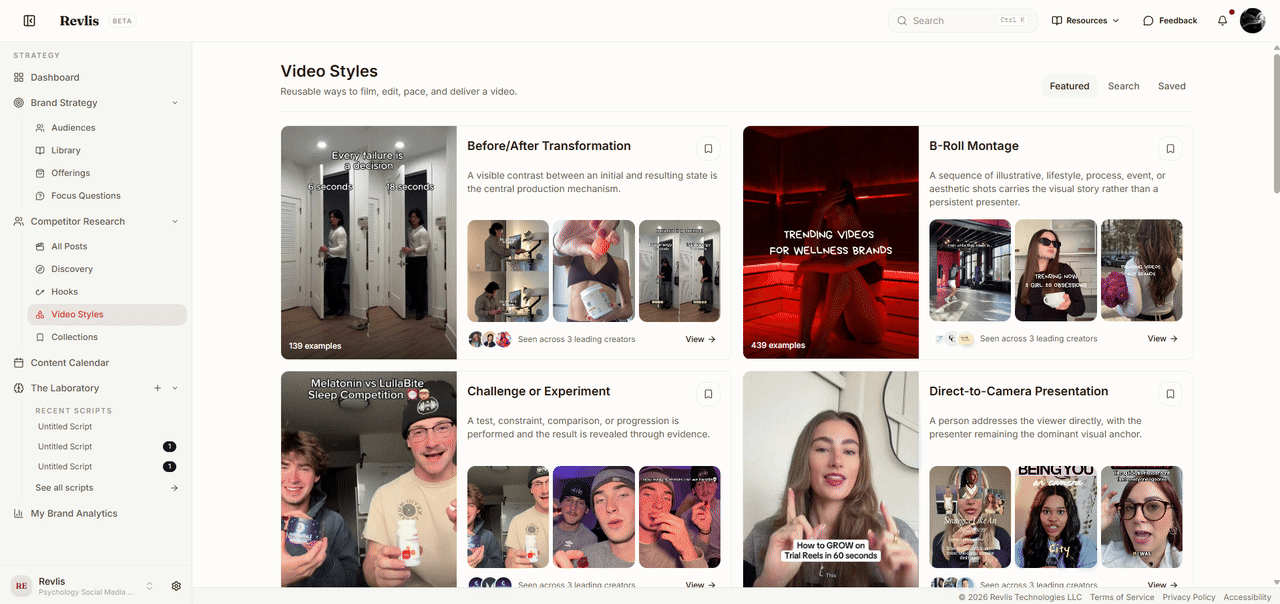 Video Styles page in the Featured view, showing style cards for Before/After Transformation, B-Roll Montage, Challenge or Experiment, and Direct-to-Camera Presentation with descriptions, example thumbnails, and example counts.